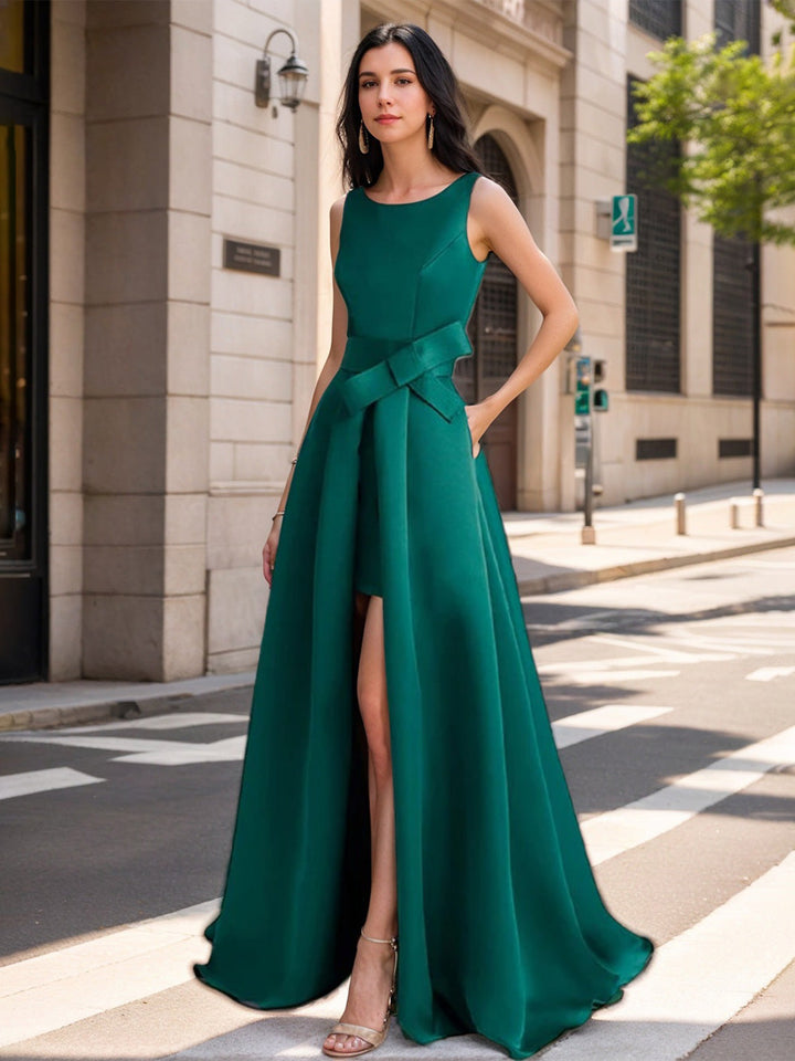 Mother of the Bride Scoop Neck A-Line/Princess Dress with High Split and Bow Mother of the Bride Scoop Neck A-Line/Princess Dress with High Split and Bow