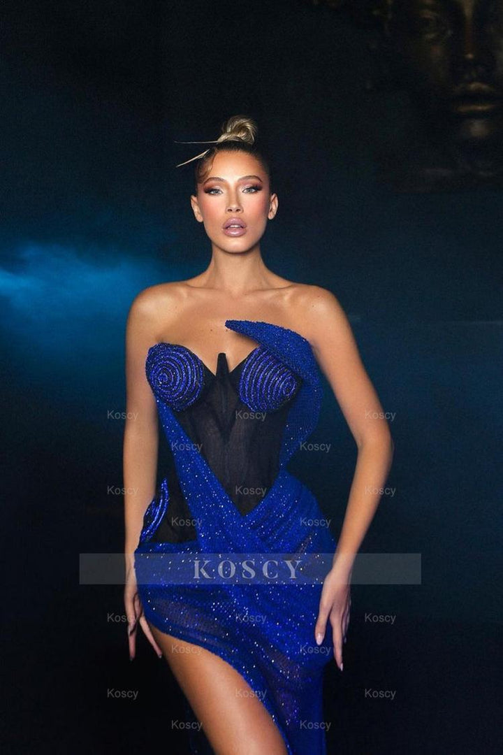 Navy Blue Tulle Prom Dress With Black Corset Slit Sequins Pleated Navy Blue Tulle Prom Dress With Black Corset Slit Sequins Pleated