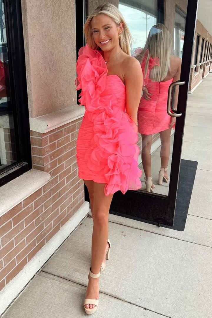 Koscy Hot Pink One-Shoulder Ruffle Short Homecoming Dress