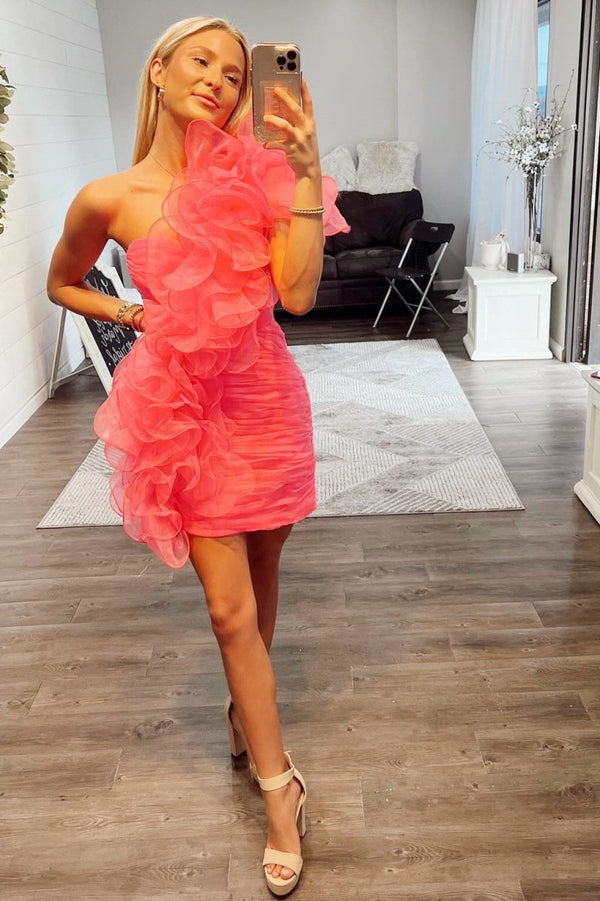 Koscy Hot Pink One-Shoulder Ruffle Short Homecoming Dress