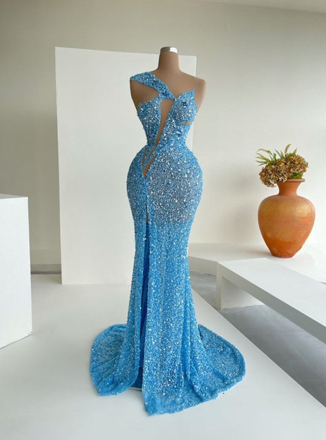 Ocean Blue Sequins One-Shoulder Mermaid Long Formal Dresses With Split Ocean Blue Sequins One-Shoulder Mermaid Long Formal Dresses With Split