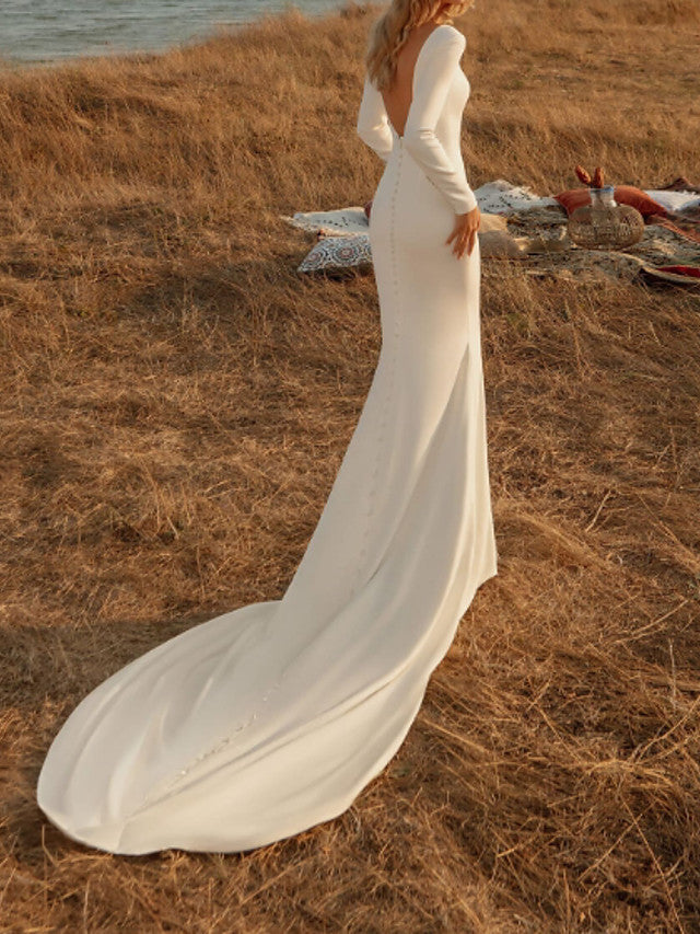 Off Shoulder Court Train Chiffon Over Satin Long Sleeve Country Plus Size Mermaid Trumpet Wedding Gown