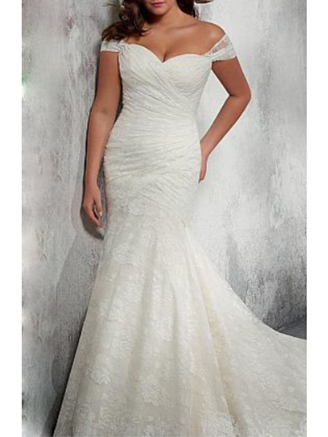 Off Shoulder Court Train Mermaid Trumpet Wedding Gown Chiffon Lace Cap