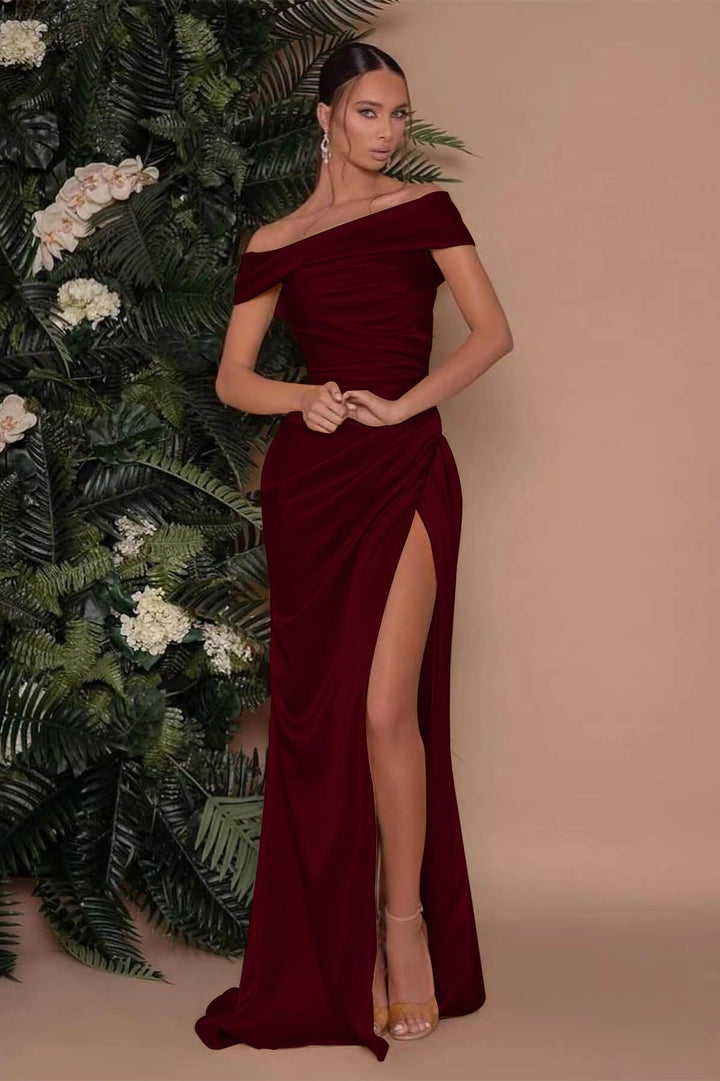 champagne charmeuse dress Off The Shoulder Charmeuse Prom Dress Split Mermaid Champagne