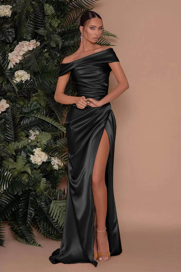 charmeuse prom dress Dusty Blue Plunging Charmeuse Floor Length A-line Bridesmaid Prom Dress