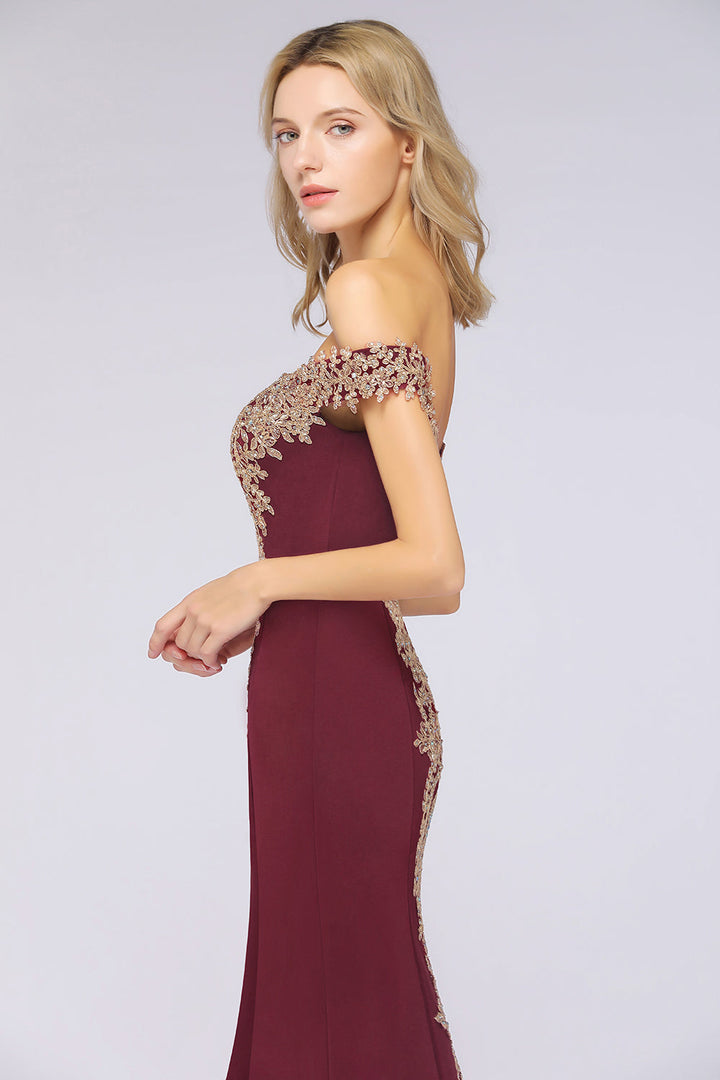 Off-the-shoulder Floor-Length Dress with Lace Appliques-koscy