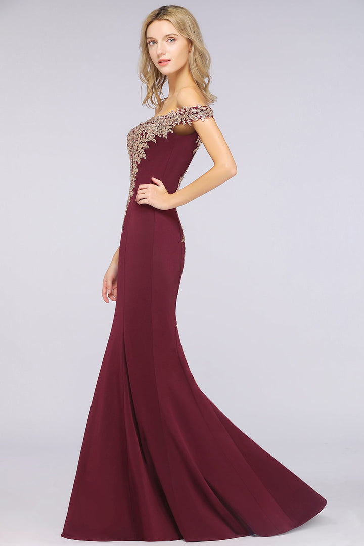 Off-the-shoulder Floor-Length Dress with Lace Appliques-koscy