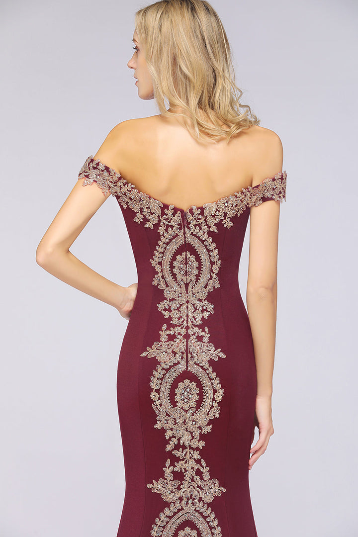 Off-the-shoulder Floor-Length Dress with Lace Appliques-koscy