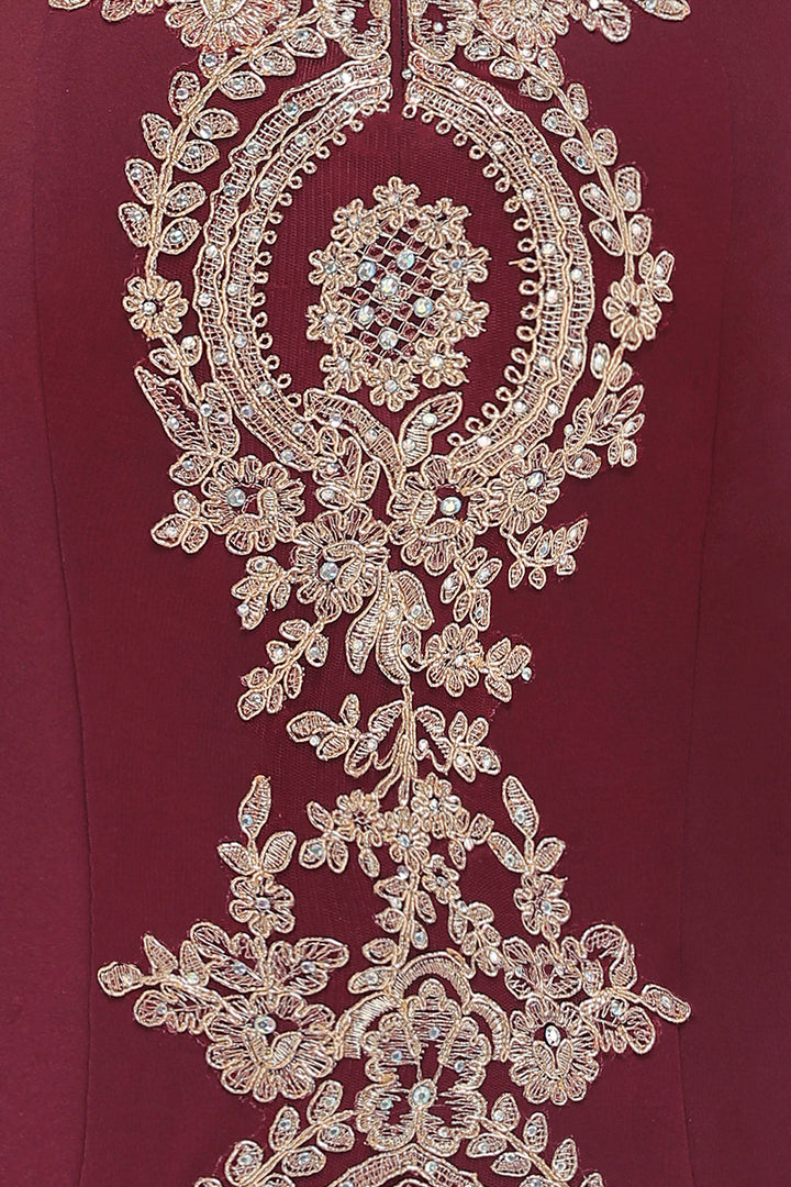 Off-the-shoulder Floor-Length Dress with Lace Appliques-koscy