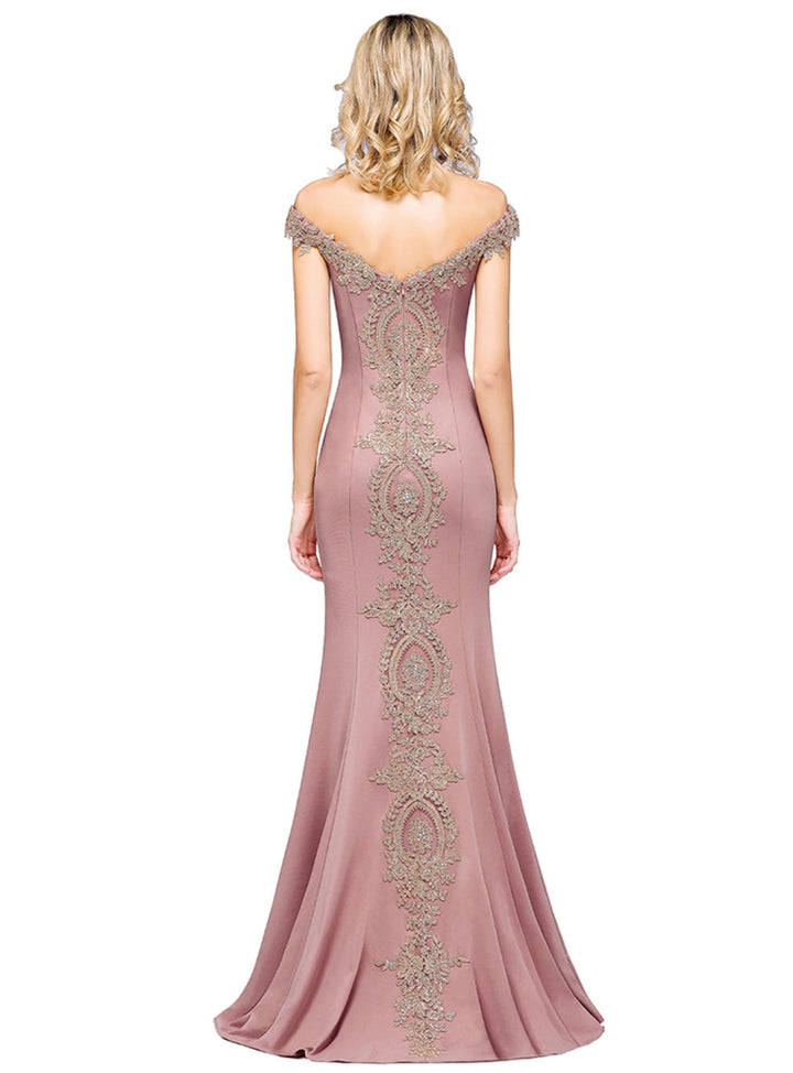Off-the-shoulder Floor-Length Dress with Lace Appliques-koscy