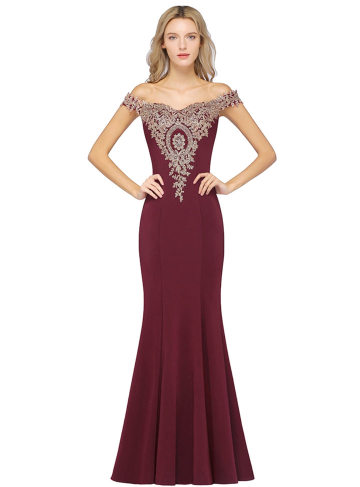 Off-the-shoulder Floor-Length Dress with Lace Appliques-koscy