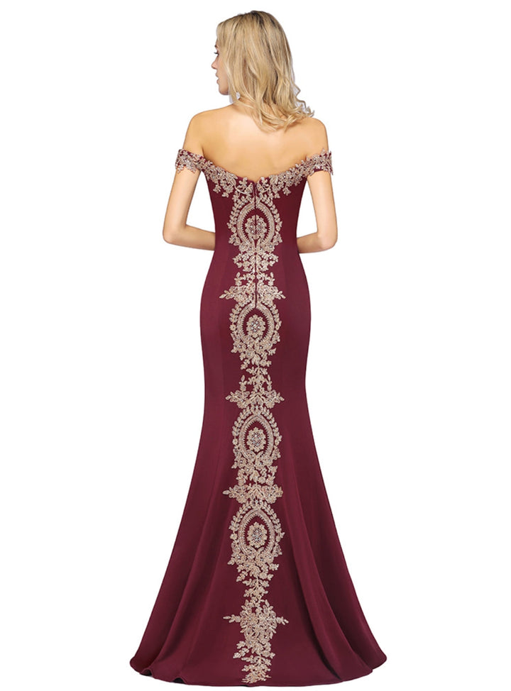 Off-the-shoulder Floor-Length Dress with Lace Appliques-koscy