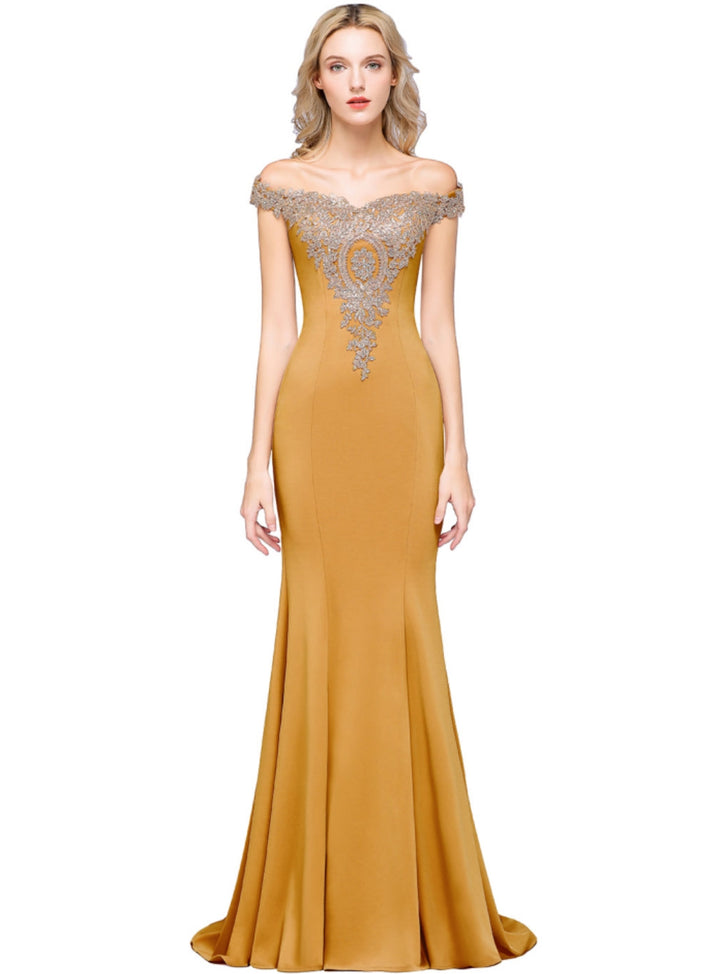 Off-the-shoulder Floor-Length Dress with Lace Appliques-koscy