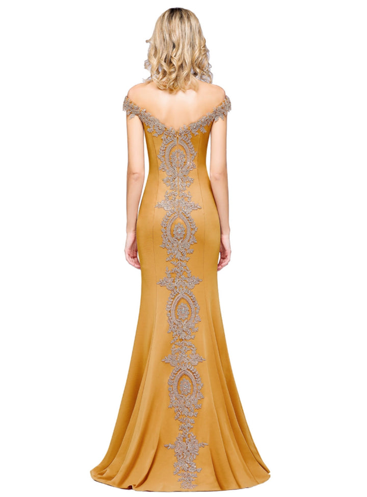 Off-the-shoulder Floor-Length Dress with Lace Appliques-koscy