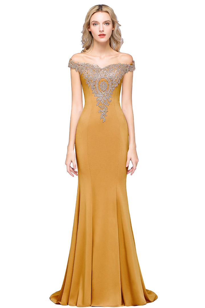 Off-the-shoulder Floor-Length Dress with Lace Appliques-koscy