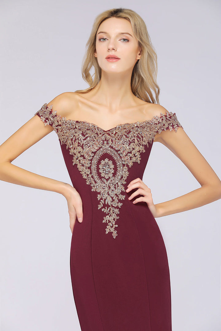 Off-the-shoulder Floor-Length Dress with Lace Appliques-koscy