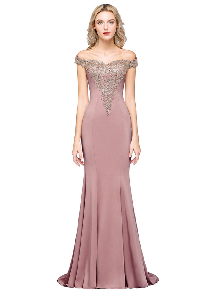 Off-the-shoulder Floor-Length Dress with Lace Appliques-koscy