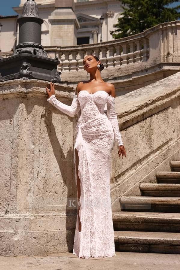 Off the Shoulder Long Sleeves Long Mermaid Formal Dress With Lace Appliques Off the Shoulder Long Sleeves Long Mermaid Formal Dress With Lace Appliques