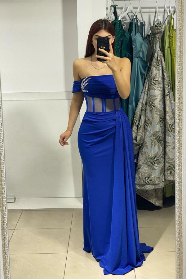 Off The Shoulder Prom Dress in Royal Blue with Strapless Design and Se