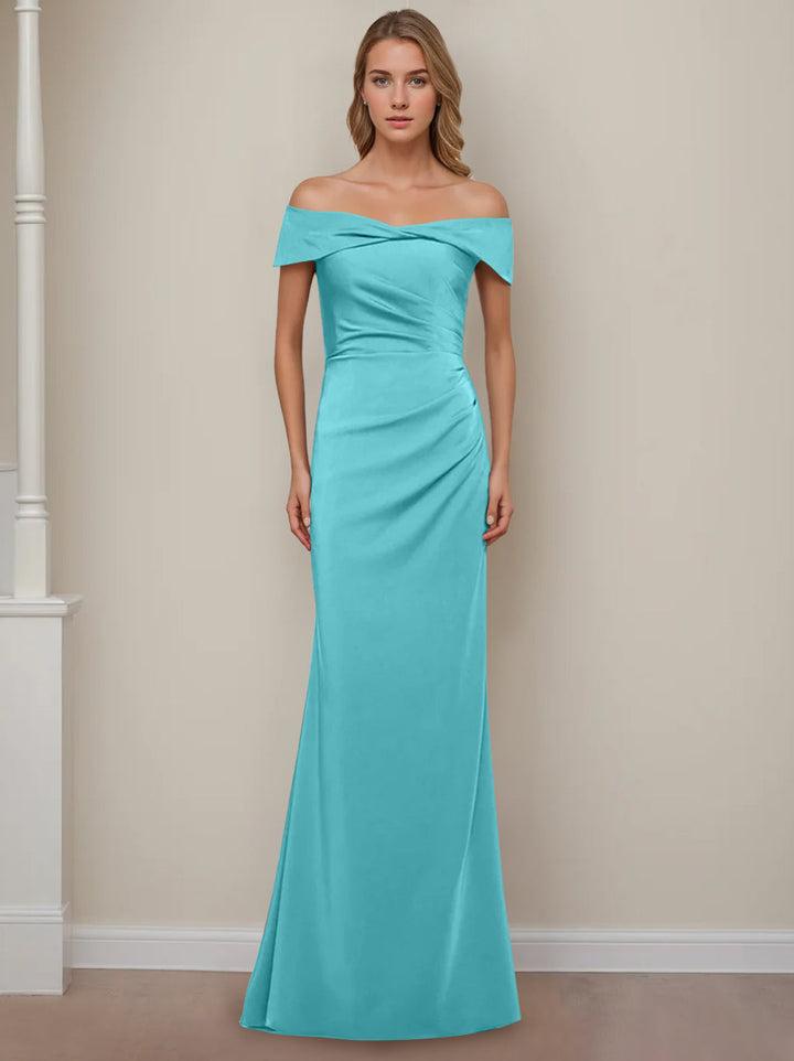 sheath column off the shoulder dress Off-the-Shoulder Short Sleeve Floor-Length Mother of the Bride Dress with  Ruffles in Sheath/