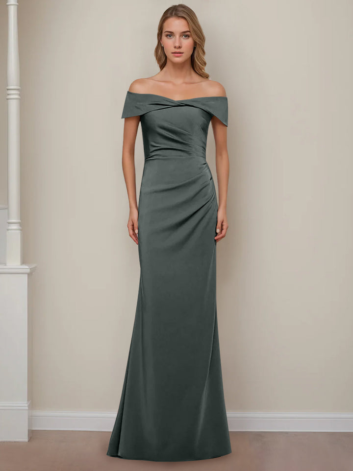 sheath column off the shoulder dress Off-the-Shoulder Short Sleeve Floor-Length Mother of the Bride Dress with  Ruffles in Sheath/