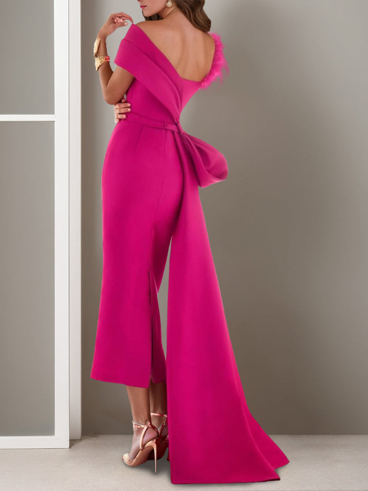 Off-the-Shoulder Short Sleeve Sheath/Column Ankle-Length Mother of the  Bride Gown with Watteau