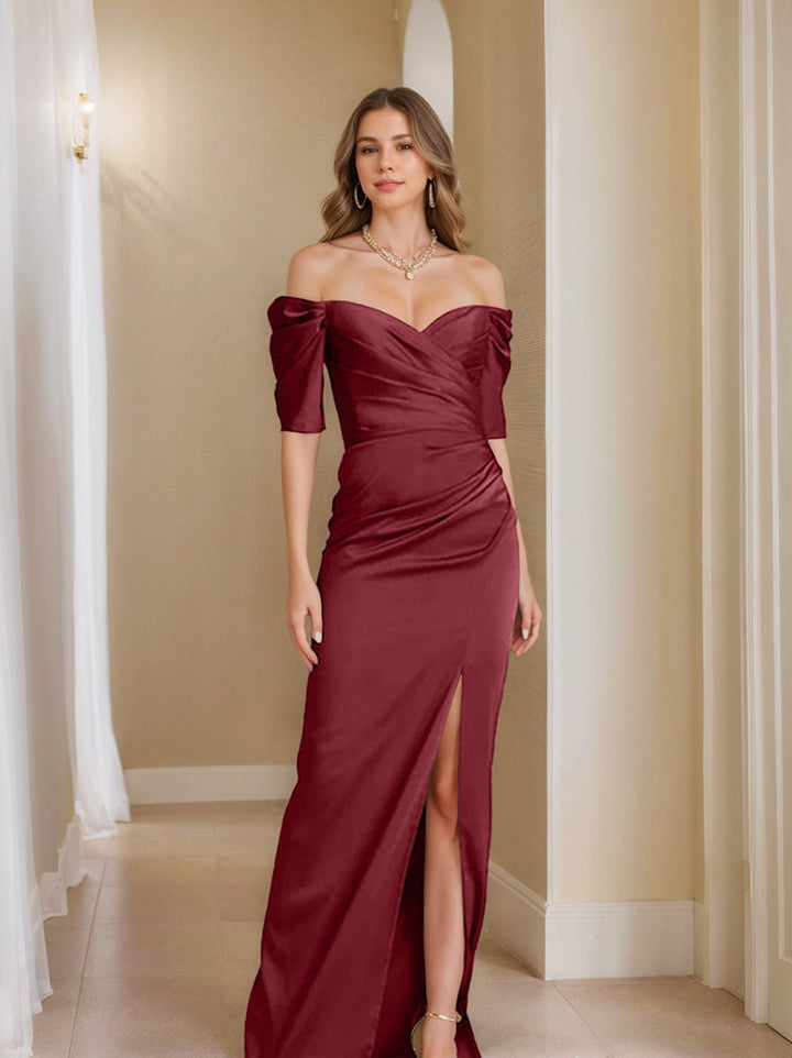 Off-the-Shoulder Short Sleeve Sheath/Column Mother of the Bride Dress With Front Split Off-the-Shoulder Short Sleeve Sheath/Column Mother of the Bride Dress With Front Split