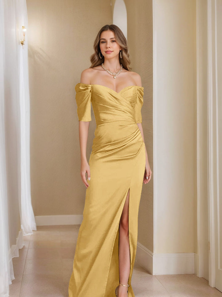 Off-the-Shoulder Short Sleeve Sheath/Column Mother of the Bride Dress With  Front Split