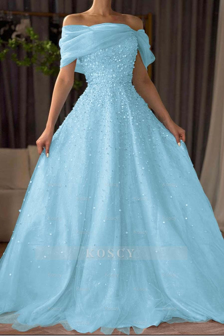 Off the Shoulder Sleeveless Long Formal Dress With Beading Tulle Off the Shoulder Sleeveless Long Formal Dress With Beading Tulle