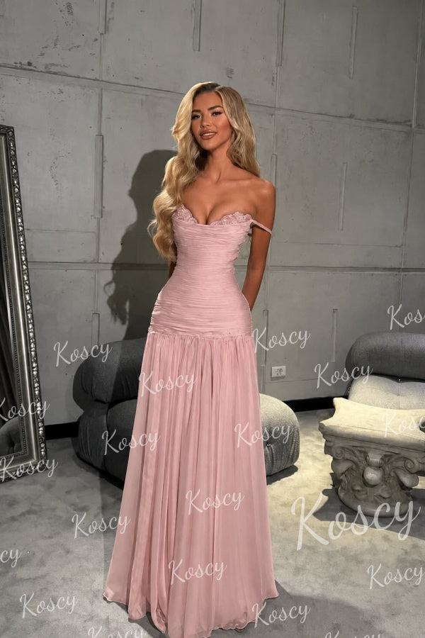 formal sleeveless women's light pink off the shoulder dress Long With Pleated Sequins, As Pic The sheath dress formal sleeveless women's light pink