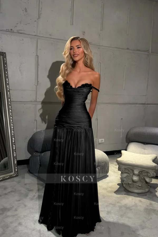 black sleeveless off the shoulder formal dresses under $100 Off-the-Shoulder Evening Dresses Black for Women Sheath Formal Dress Sleeveless Ruffles Wedding Guest Gowns Black, S / Black main image 1