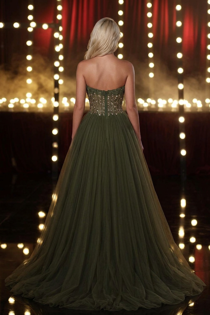 green feather prom dress Olive Ball Gown Strapless Sweetheart 3D Lace Trim Gold Crystal Boned Corset Model is wearing the