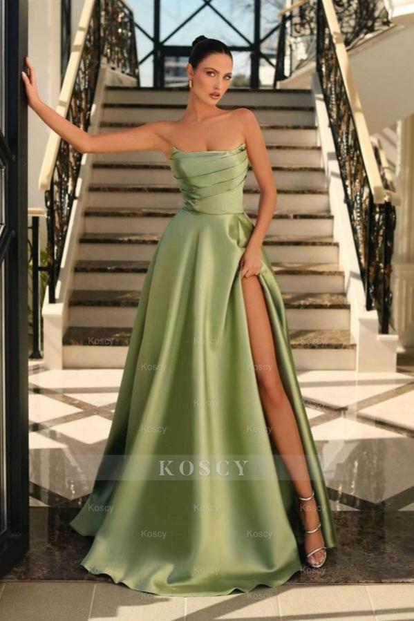 olive green prom dresses Olive Green Prom Dress: Off The Shoulder Sleeveless Split Pleated