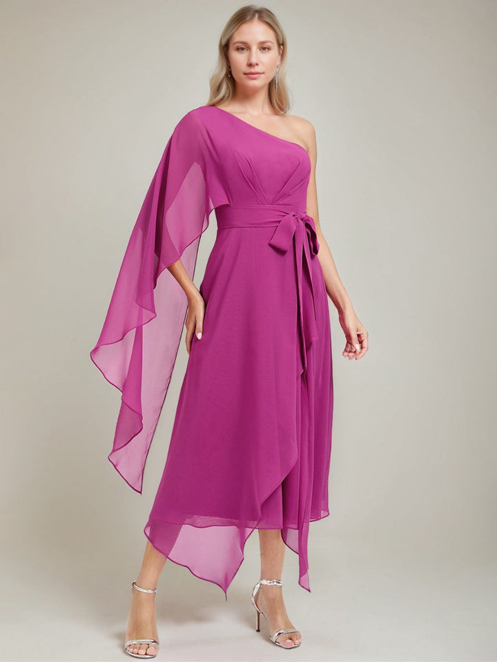 strapless open back dress One-Shoulder A-Line Princess Dress with Asymmetrical Ruched Detail and Bow  Sash for the Mother