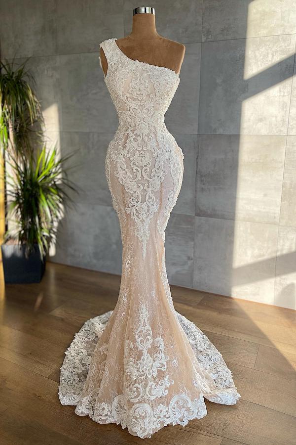 one shoulder beaded mermaid wedding dress One Shoulder Appliques Lace Mermaid Wedding Dress