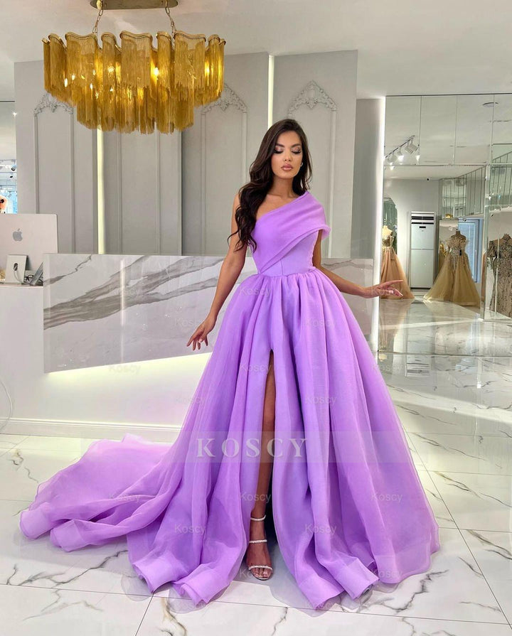 One Shoulder Black A Line Prom Dress with Long Split Sleeveless One Shoulder Black A Line Prom Dress with Long Split Sleeveless