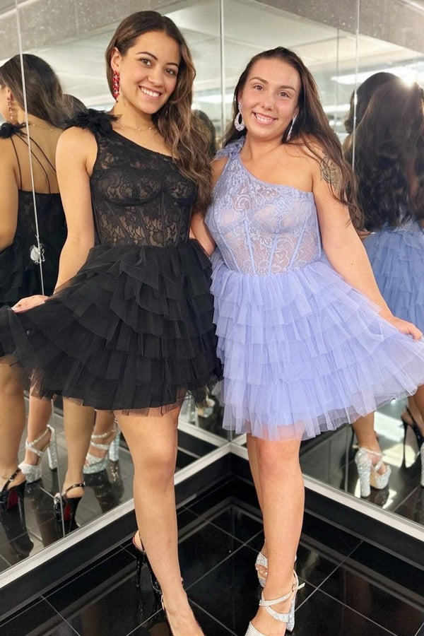 Koscy One-Shoulder Black Lace Ruffle Tiered Short Homecoming Dress