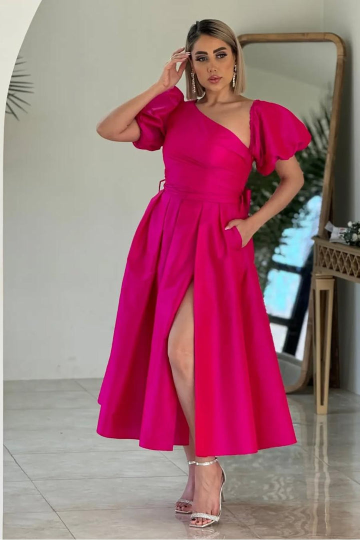 One Shoulder Bubble Sleeves A Line Formal Dress With Split Pockets One Shoulder Bubble Sleeves A Line Formal Dress With Split Pockets