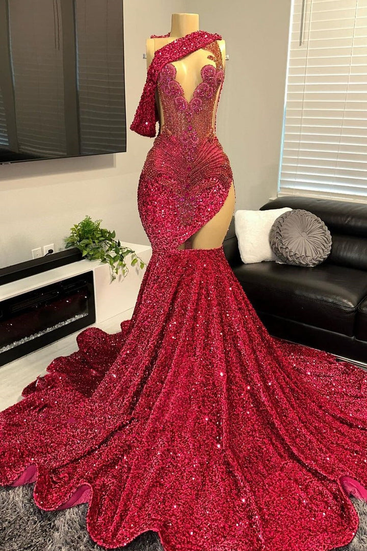 burgundy one shoulder prom dress One shoulder Burgundy Sequin Prom Dress with cutout