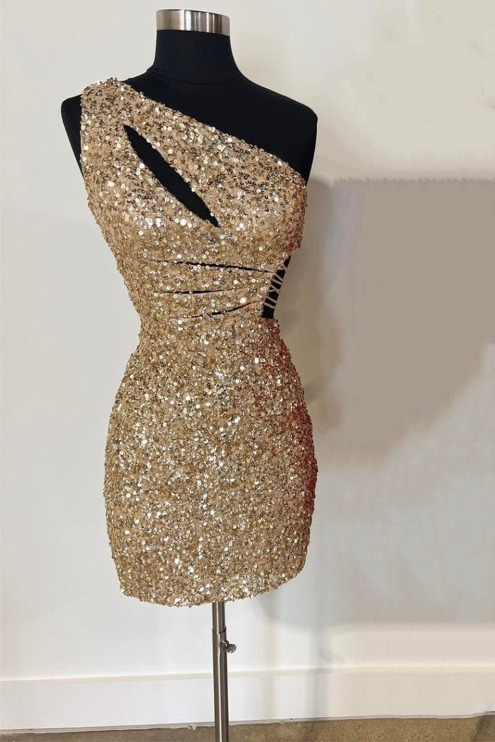 Koscy One Shoulder Gold Cutout Sequin Tight Homecoming Dress