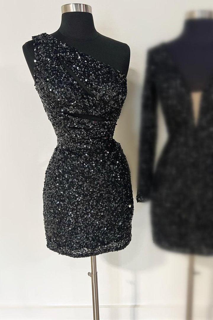 Koscy One Shoulder Gold Cutout Sequin Tight Homecoming Dress