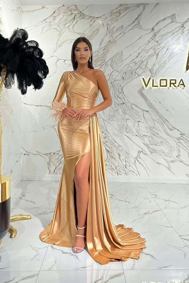 One Shoulder Long Sleeve Mermaid Prom Dress With Slit Feathers One Shoulder Long Sleeve Mermaid Prom Dress With Slit Feathers