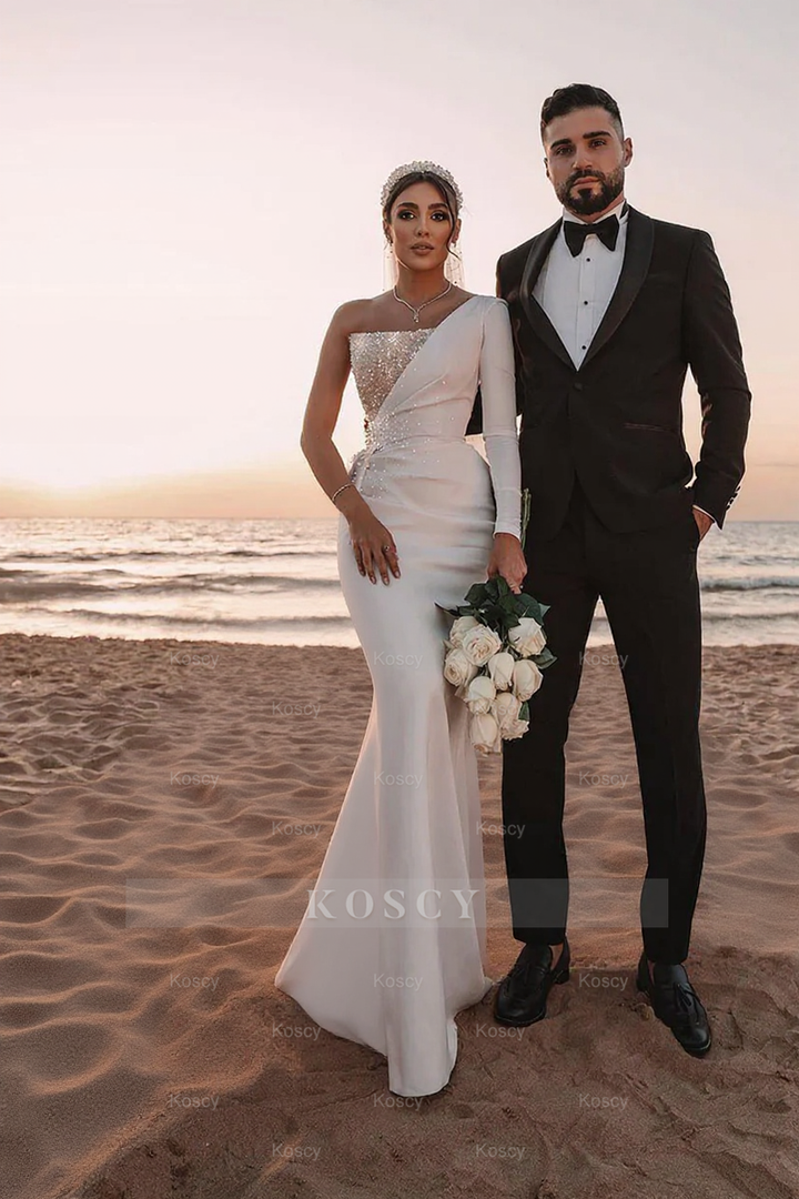 One Shoulder Long Sleeve Sequins A-line Wedding Dress One Shoulder Long Sleeve Sequins A-line Wedding Dress