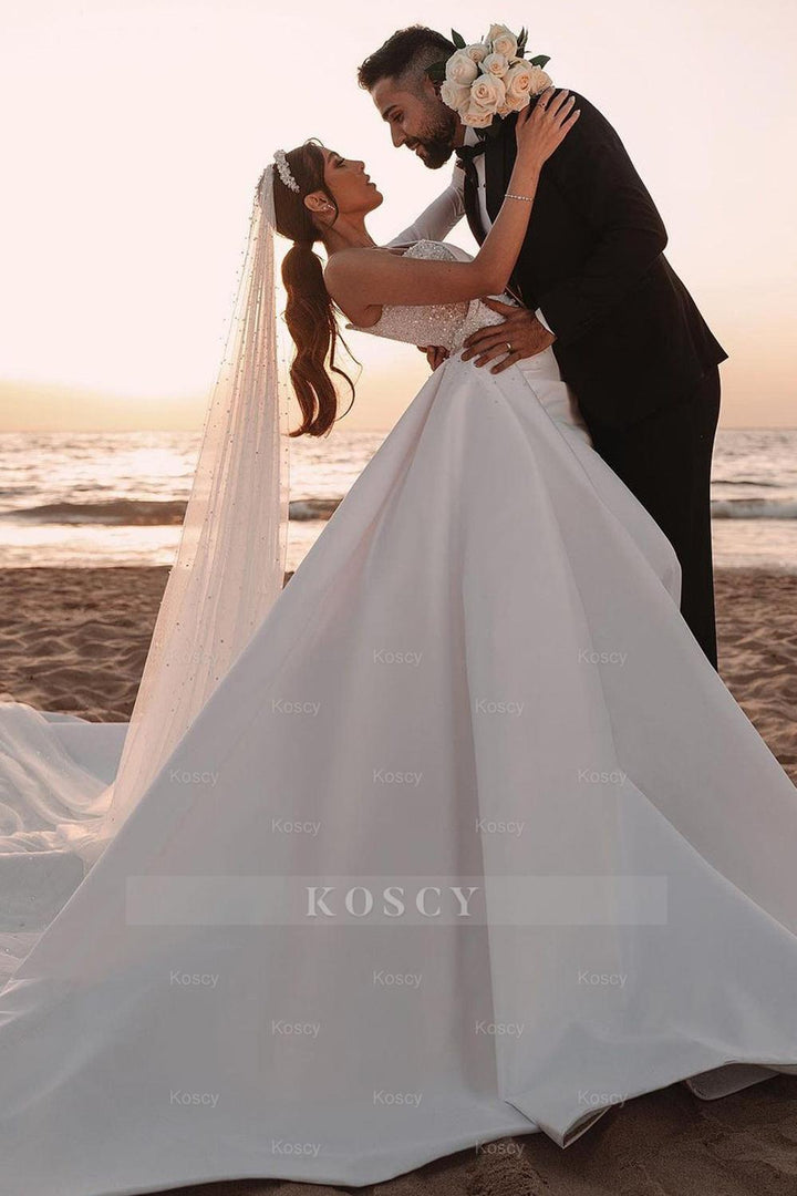 One Shoulder Long Sleeve Sequins A-line Wedding Dress