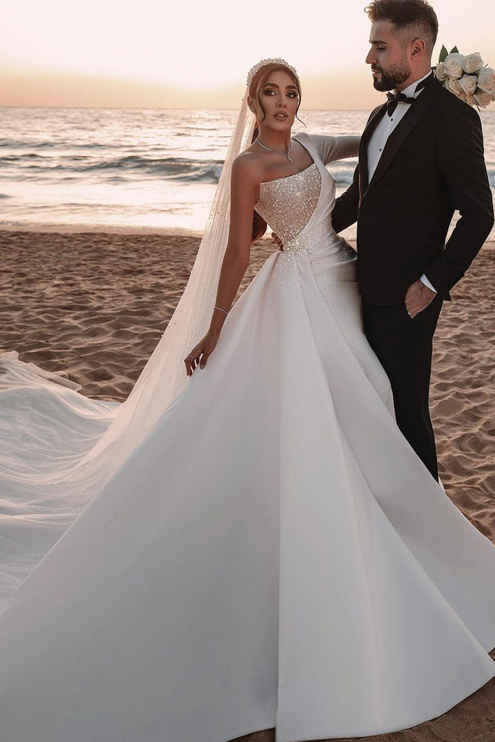One Shoulder Long Sleeve Sequins A-line Wedding Dress
