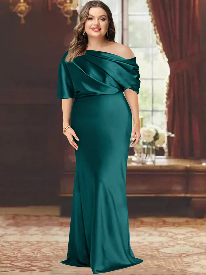plus size one shoulder wedding dresses Final Sale Plus Size One Shoulder Long Sleeve Lace Detail Gown with Side Slit in Ivory