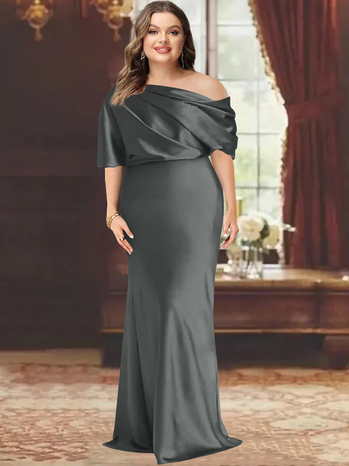 open lace back dress One-Shoulder Plus Size Floor-Length Sheath Mother of the Bride Dress with  Ruffles