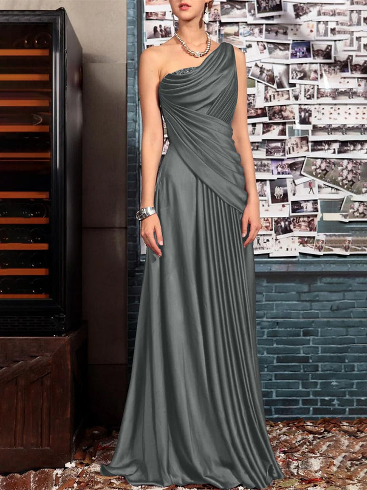 One Shoulder Sleeveless Floor Length Mother of the Bride Dress with Crystal Pleats and Draping