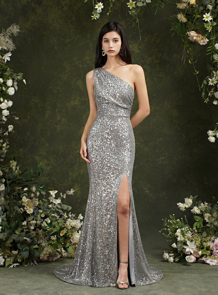 One Shoulder Sleeveless Glitter Meramid Long Side Slit Floor Length Dress-koscy