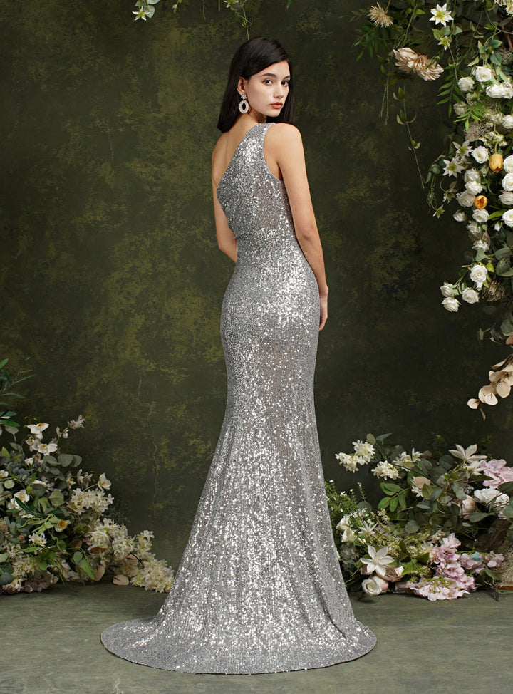 One Shoulder Sleeveless Glitter Meramid Long Side Slit Floor Length Dress-koscy